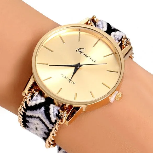 Handmade Braided Casual Women Friendship Bracelet Watch Round Dial Quartz Wrist Watch