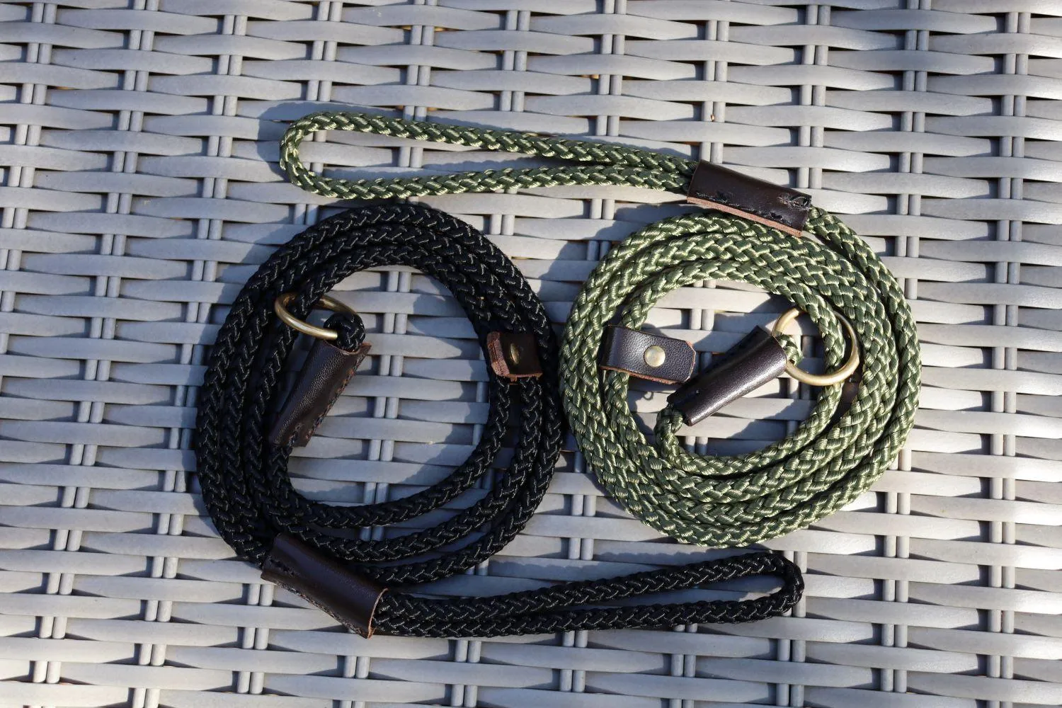 Handmade Traditional Gundog Slip Lead - Solid Brass and Leather with Black or Olive Nylon Rope