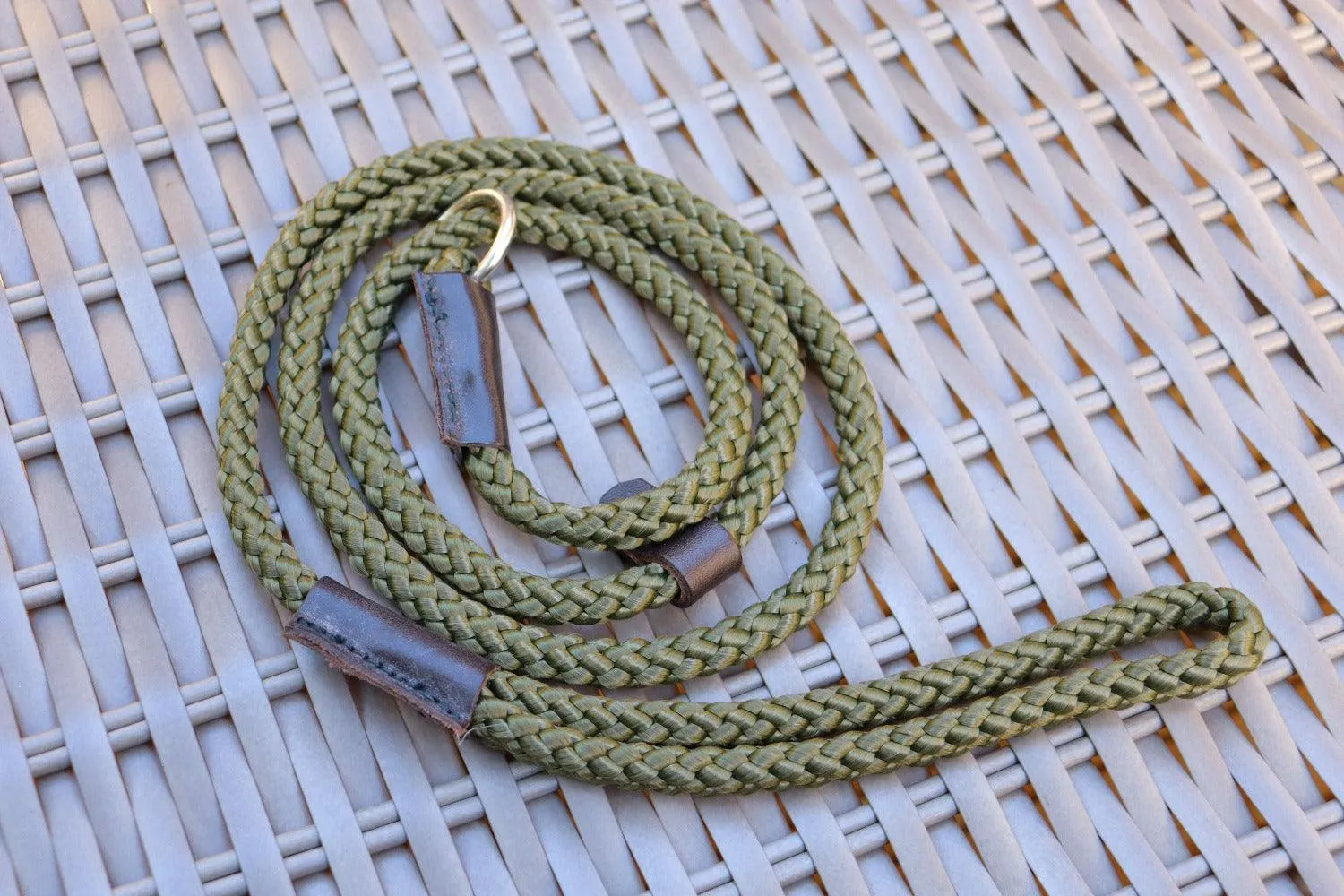 Handmade Traditional Gundog Slip Lead - Solid Brass and Leather with Black or Olive Nylon Rope