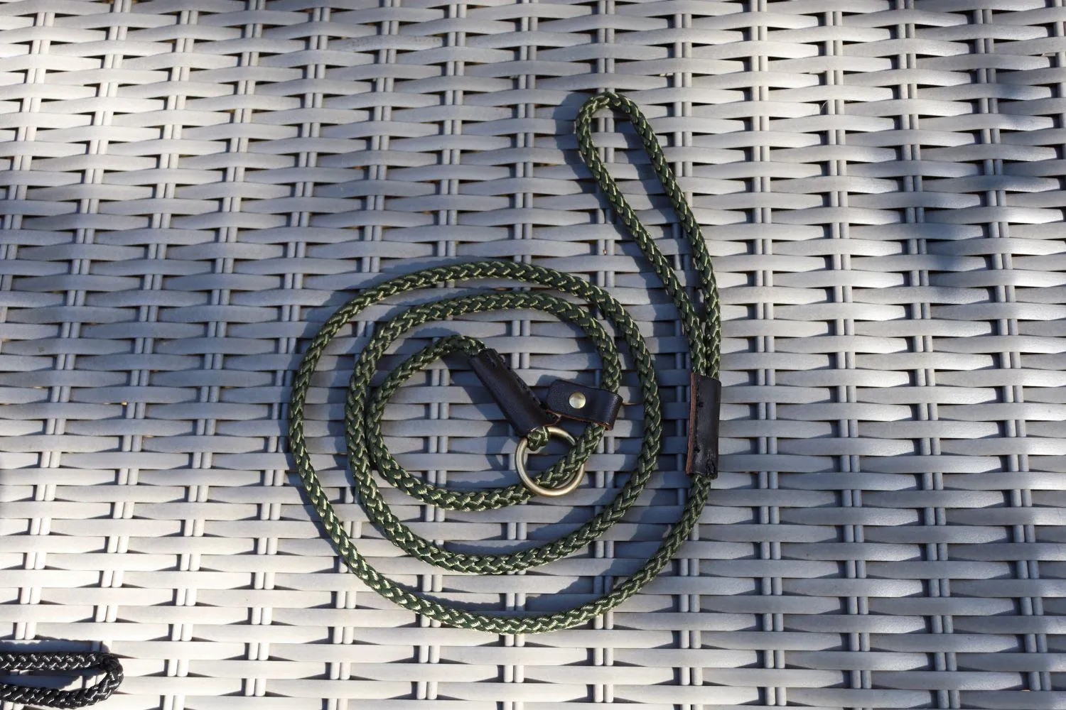 Handmade Traditional Gundog Slip Lead - Solid Brass and Leather with Black or Olive Nylon Rope