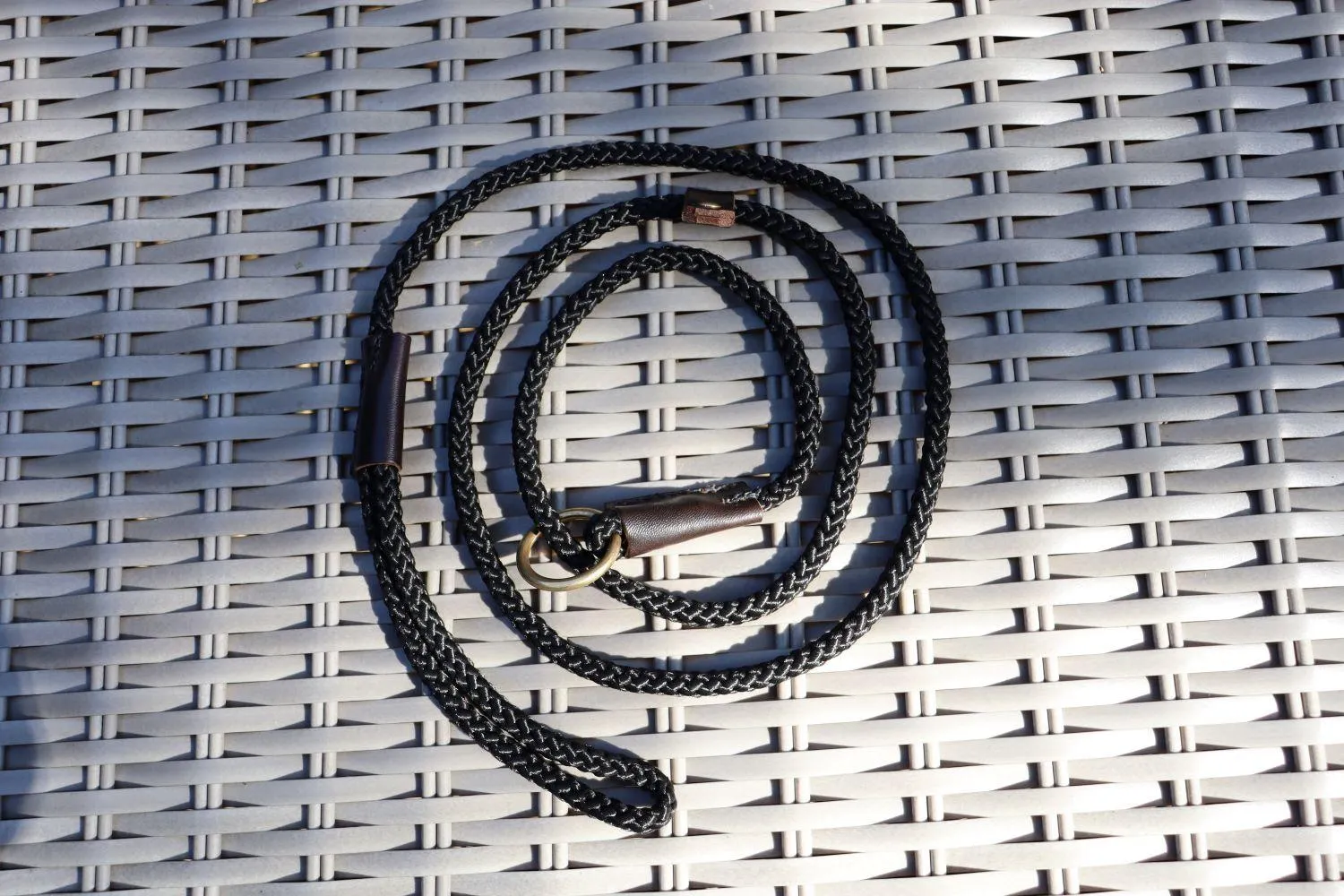 Handmade Traditional Gundog Slip Lead - Solid Brass and Leather with Black or Olive Nylon Rope
