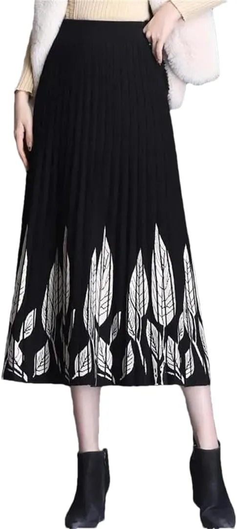Hdhdeueh Women A-Line Knitted Black Midi Skirt High Waist Print Elegant Pleated Skirts