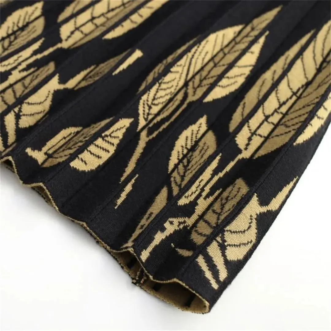 Hdhdeueh Women A-Line Knitted Black Midi Skirt High Waist Print Elegant Pleated Skirts