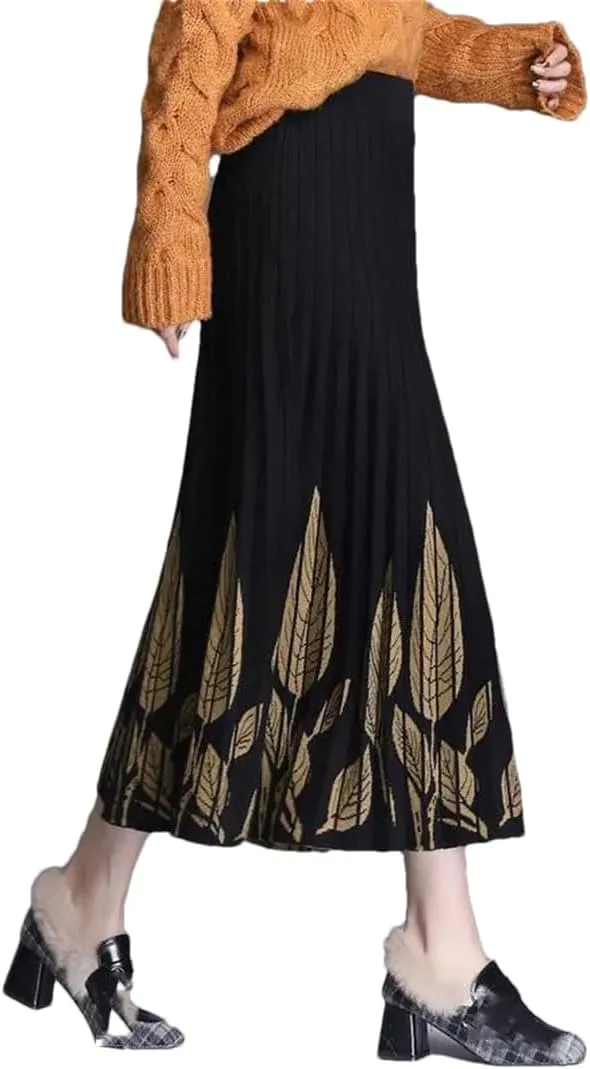 Hdhdeueh Women A-Line Knitted Black Midi Skirt High Waist Print Elegant Pleated Skirts