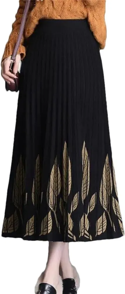 Hdhdeueh Women A-Line Knitted Black Midi Skirt High Waist Print Elegant Pleated Skirts