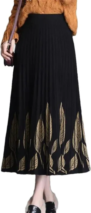 Hdhdeueh Women A-Line Knitted Black Midi Skirt High Waist Print Elegant Pleated Skirts
