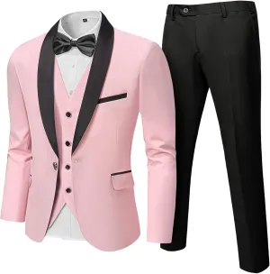 Hihawk Men's 3 Piece Slim Fit Solid Tuxedo with Stretch Fabric, One Button Shawl Collar Jacket Vest Pants with Bow Tie