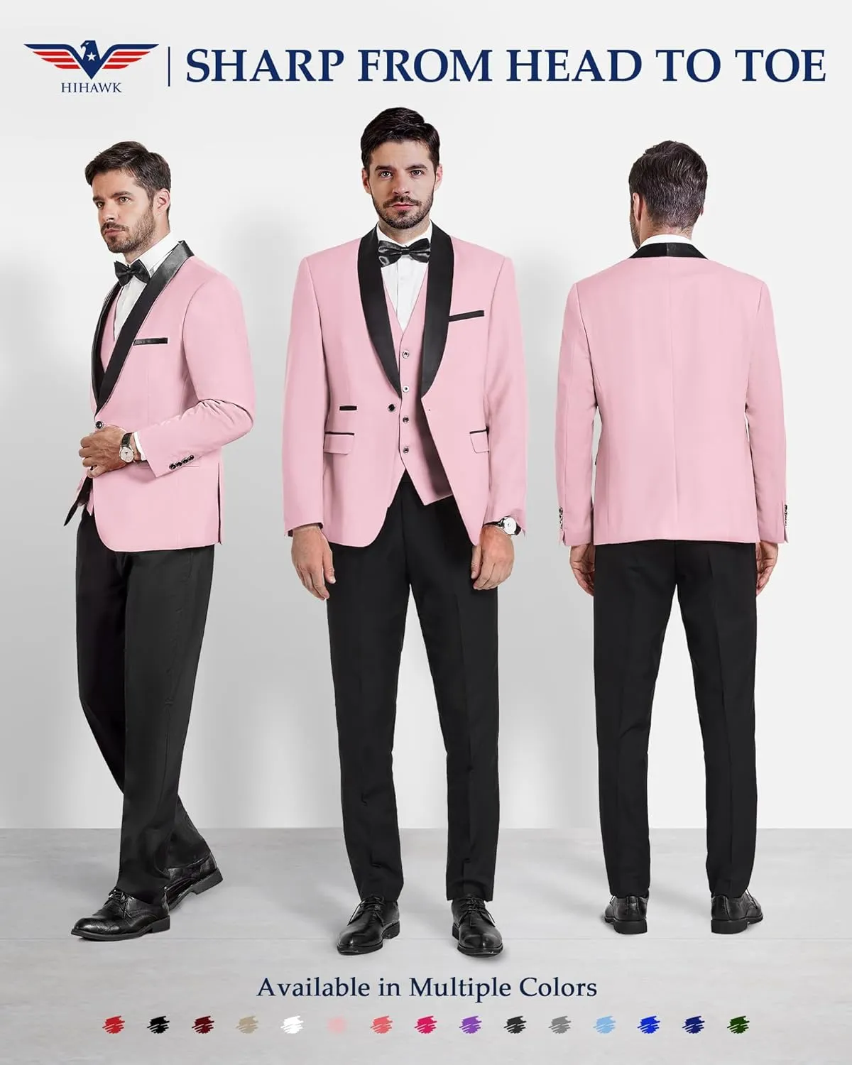Hihawk Men's 3 Piece Slim Fit Solid Tuxedo with Stretch Fabric, One Button Shawl Collar Jacket Vest Pants with Bow Tie