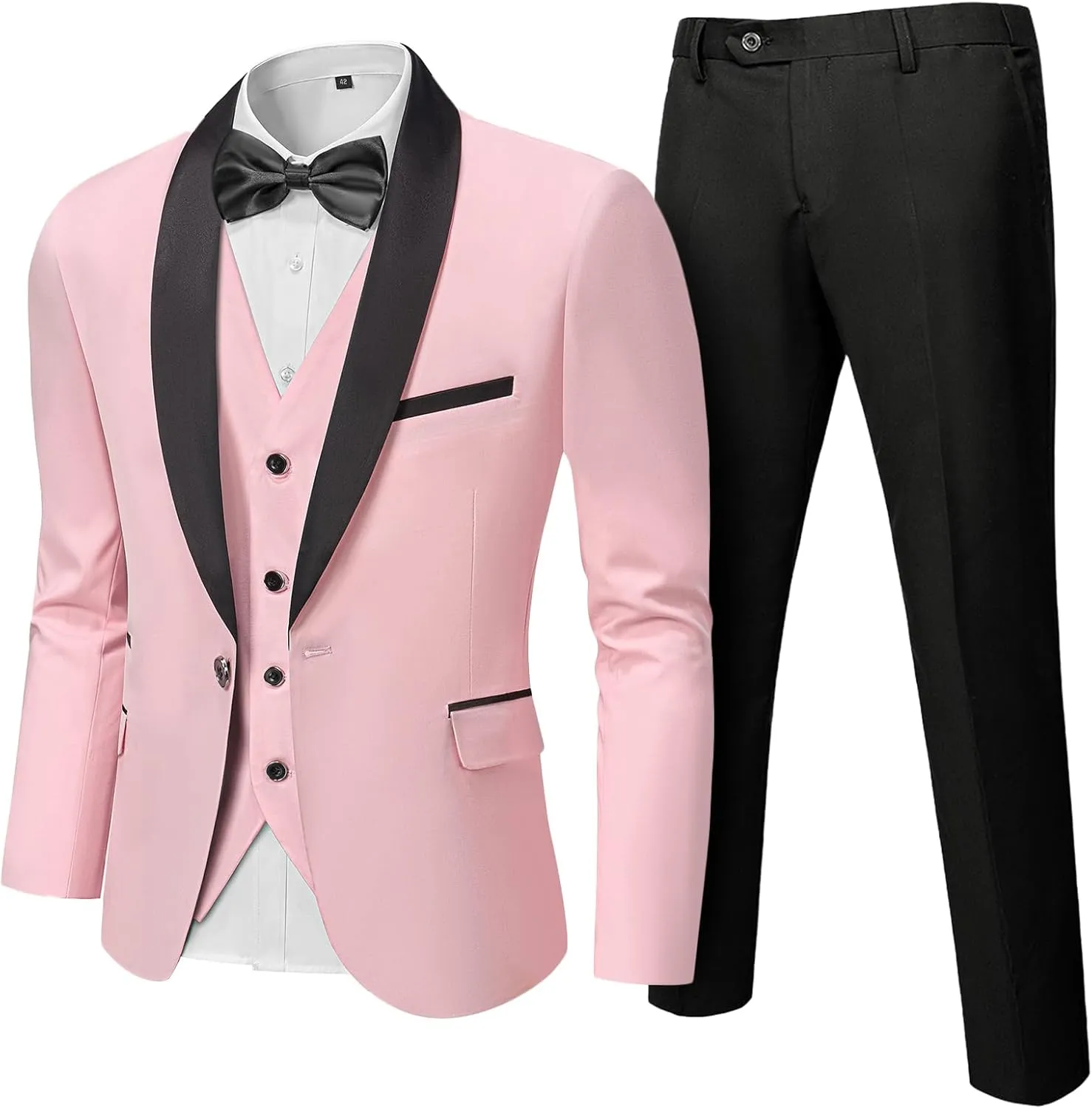 Hihawk Men's 3 Piece Slim Fit Solid Tuxedo with Stretch Fabric, One Button Shawl Collar Jacket Vest Pants with Bow Tie