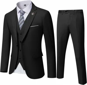 Hihawk Men's 3 Piece Suit with Stretch Fabric, Solid Slim Fit One Button Suit Blazer Set, Jacket Vest Pants with Tie.