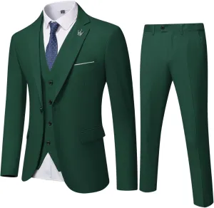 Hihawk Men's 3 Piece Suit with Stretch Fabric, Solid Slim Fit One Button Suit Blazer Set, Jacket Vest Pants with Tie.
