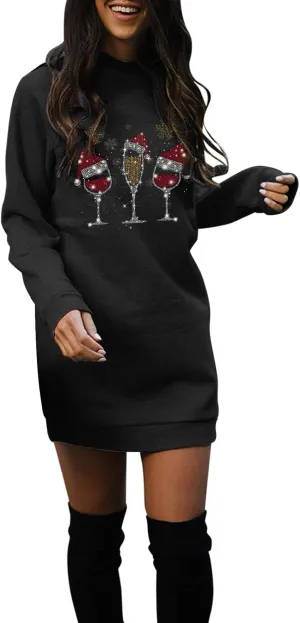 Hoodie Jumpers for Women Casual Long Sleeve Crewneck Lightweight Pullover Sweatshirt Dress Elegant Loose Fit Midi Dress