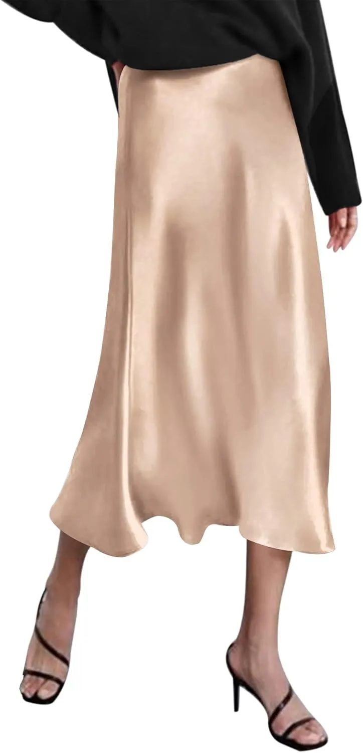 HOTOUCH Womens Midi Skirt High Waisted Solid Satin Dress Zipper Elegant Work Skirts