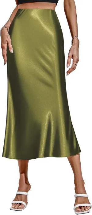 HOTOUCH Womens Midi Skirt High Waisted Solid Satin Dress Zipper Elegant Work Skirts