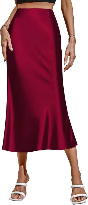 HOTOUCH Womens Midi Skirt High Waisted Solid Satin Dress Zipper Elegant Work Skirts