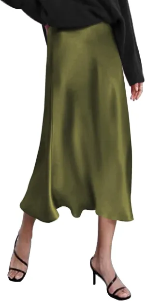HOTOUCH Womens Midi Skirt High Waisted Solid Satin Dress Zipper Elegant Work Skirts