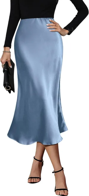 HOTOUCH Womens Midi Skirt High Waisted Solid Satin Dress Zipper Elegant Work Skirts