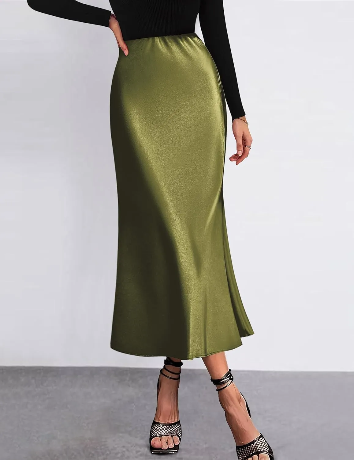 HOTOUCH Womens Midi Skirt High Waisted Solid Satin Dress Zipper Elegant Work Skirts