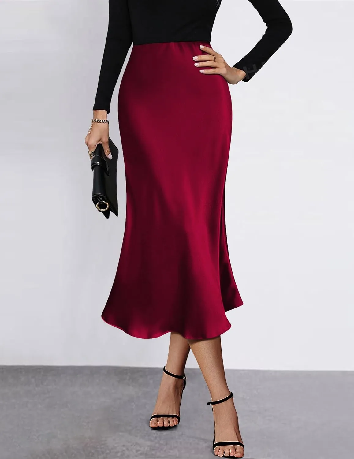 HOTOUCH Womens Midi Skirt High Waisted Solid Satin Dress Zipper Elegant Work Skirts