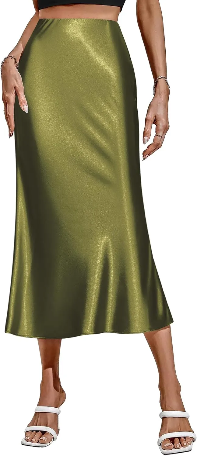 HOTOUCH Womens Midi Skirt High Waisted Solid Satin Dress Zipper Elegant Work Skirts