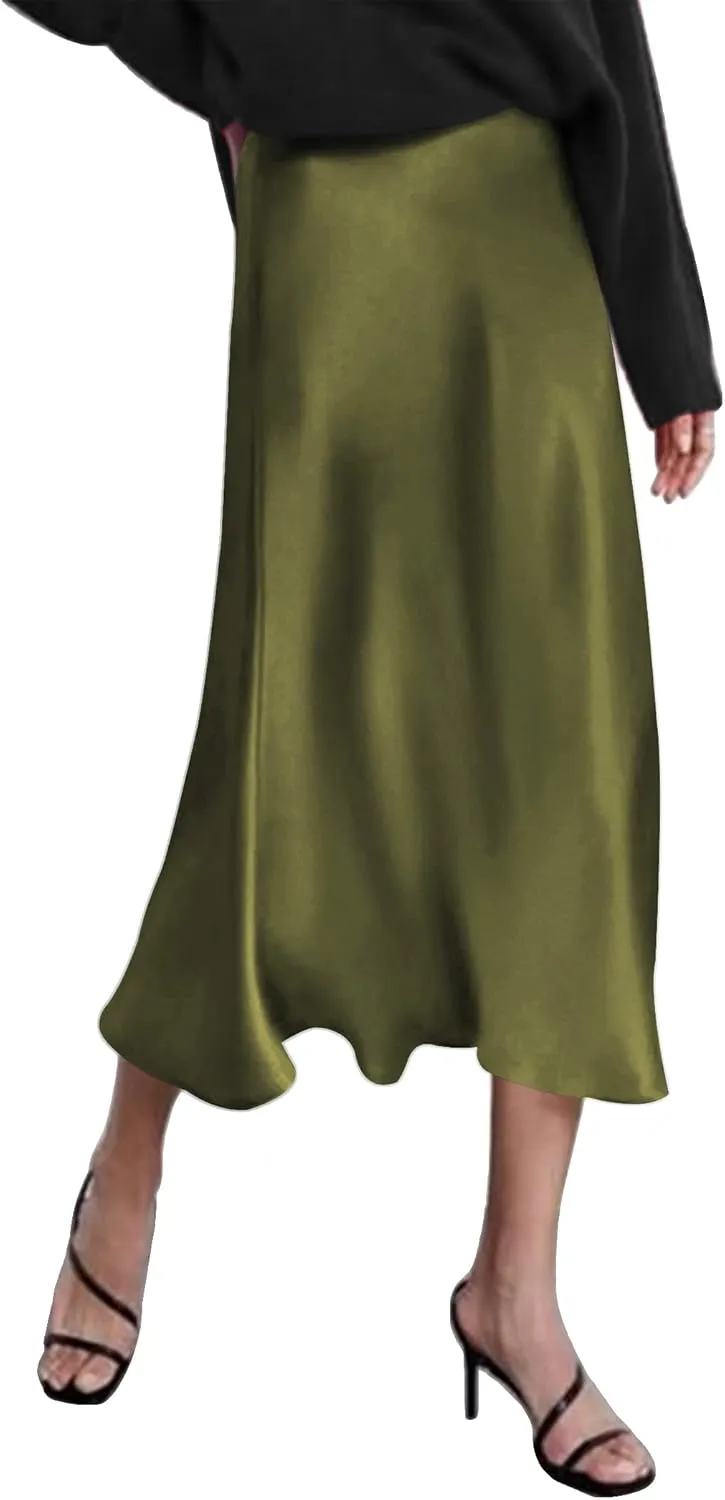 HOTOUCH Womens Midi Skirt High Waisted Solid Satin Dress Zipper Elegant Work Skirts