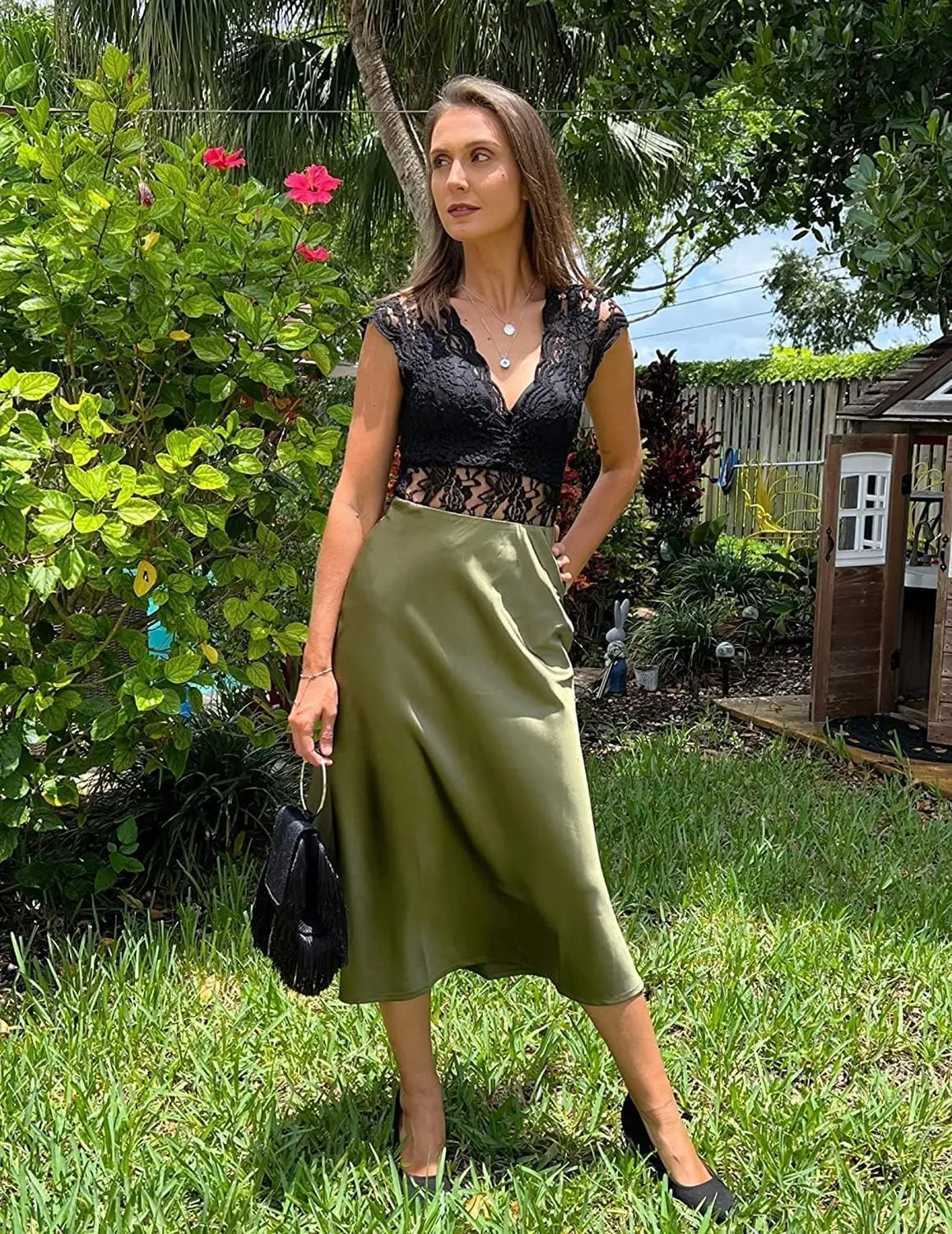 HOTOUCH Womens Midi Skirt High Waisted Solid Satin Dress Zipper Elegant Work Skirts