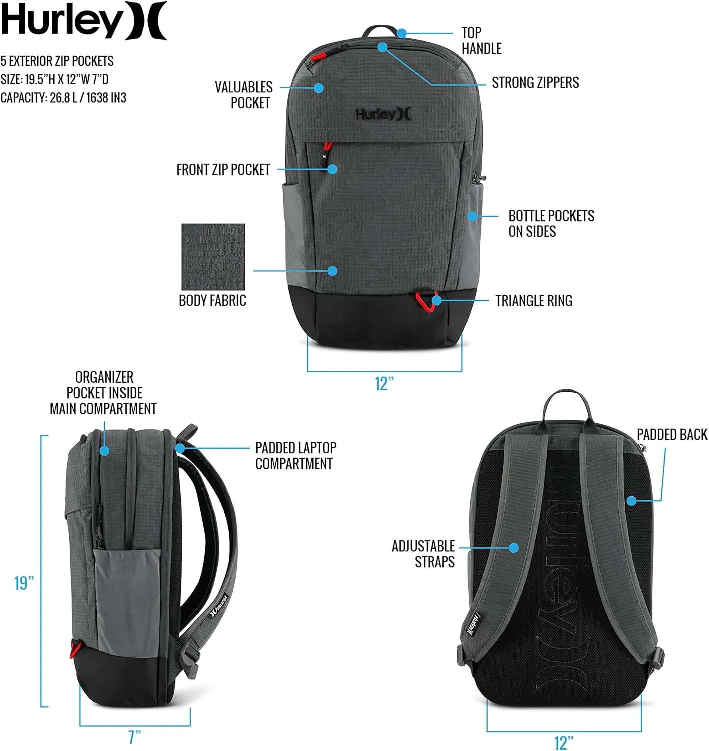 Hurley Mens Classic Backpack, Cilantro, One Size