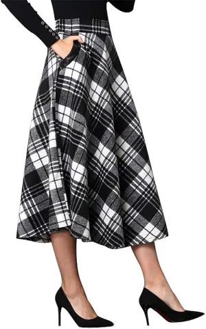 IDEALSANXUN Womens Plaid Wool Skirts Elastic Waist A-Line Pleated Tartan Long Skirts