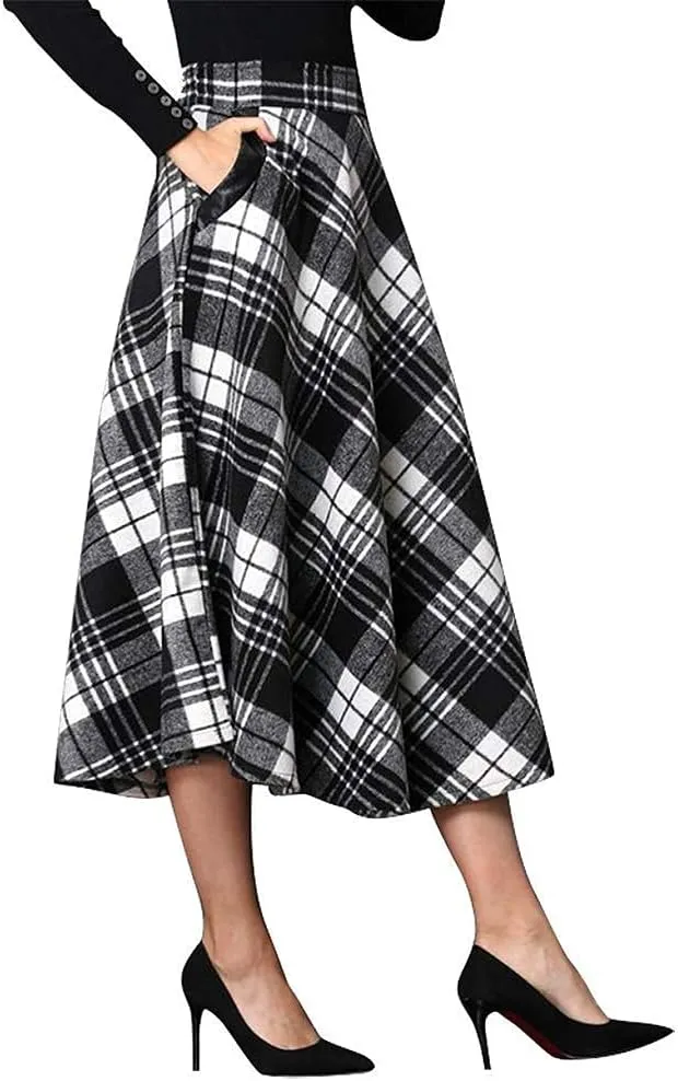 IDEALSANXUN Womens Plaid Wool Skirts Elastic Waist A-Line Pleated Tartan Long Skirts