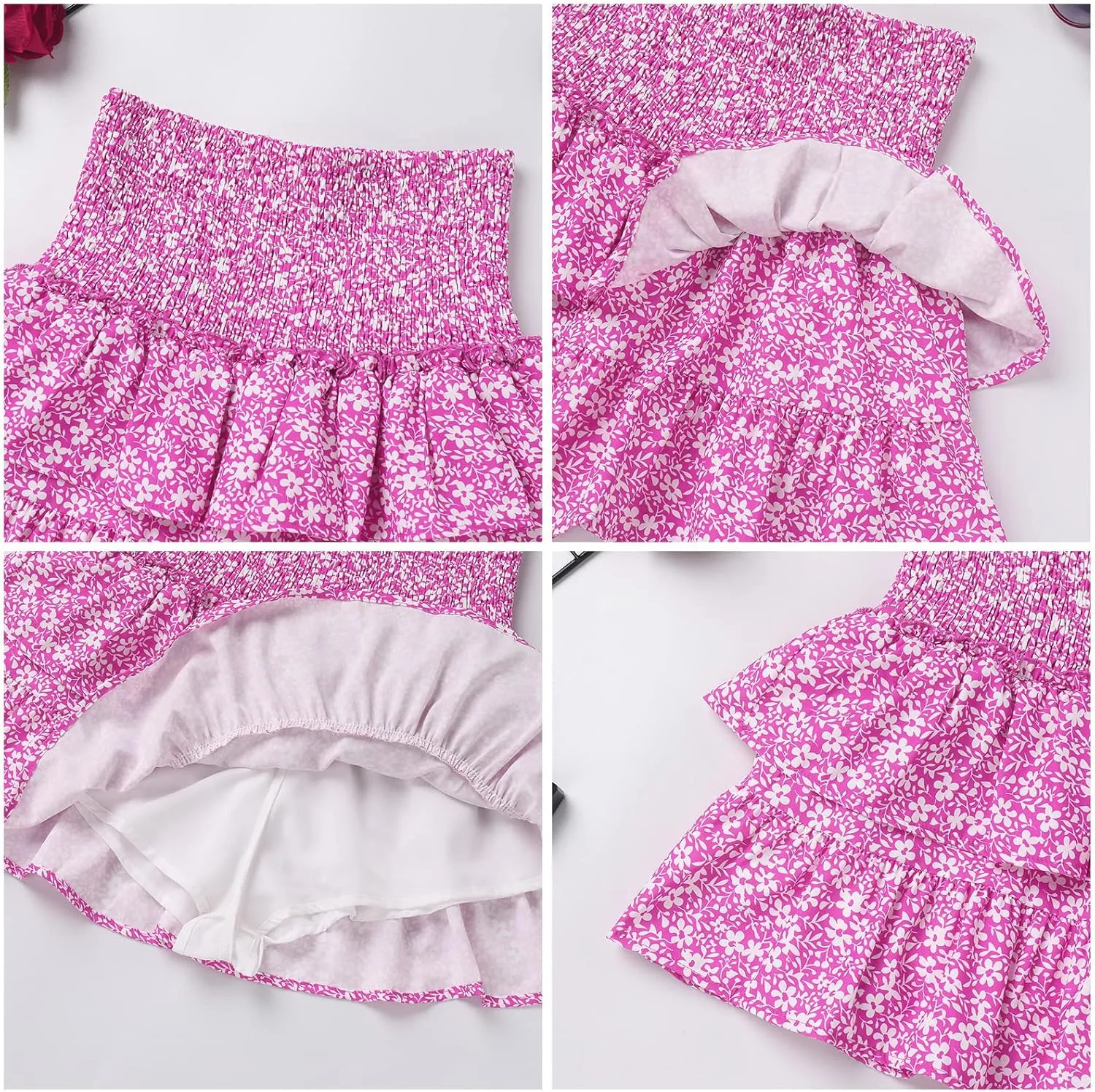 IDOPIP Women Boho Mini Skirt Summer High Waist Floral Layered Skirt Casual Ruffle Smocked Skirt Club Party Evening Skirt