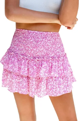 IDOPIP Women Boho Mini Skirt Summer High Waist Floral Layered Skirt Casual Ruffle Smocked Skirt Club Party Evening Skirt