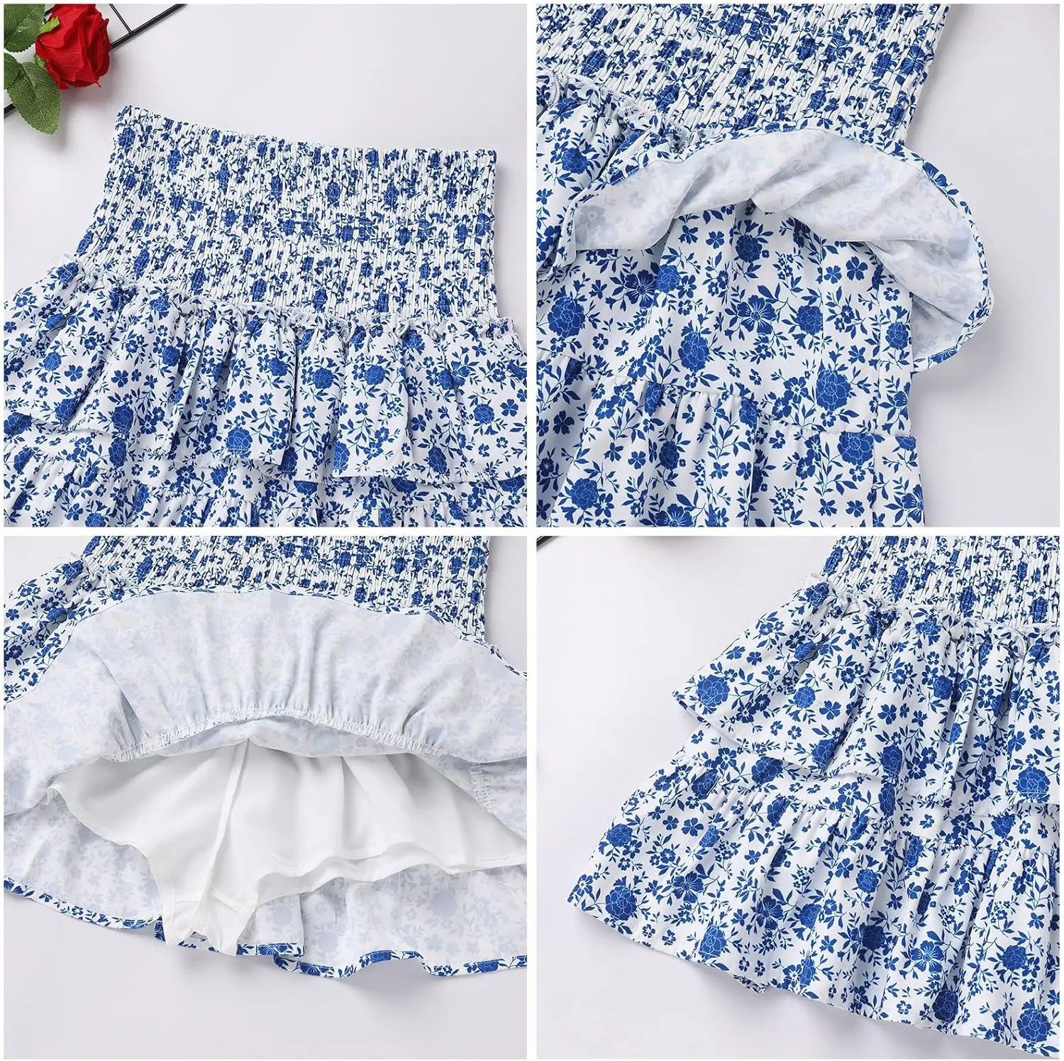 IDOPIP Women Boho Mini Skirt Summer High Waist Floral Layered Skirt Casual Ruffle Smocked Skirt Club Party Evening Skirt
