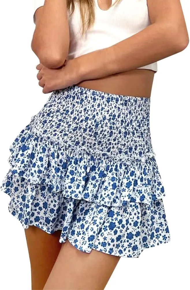 IDOPIP Women Boho Mini Skirt Summer High Waist Floral Layered Skirt Casual Ruffle Smocked Skirt Club Party Evening Skirt