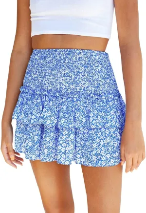 IDOPIP Women Boho Mini Skirt Summer High Waist Floral Layered Skirt Casual Ruffle Smocked Skirt Club Party Evening Skirt