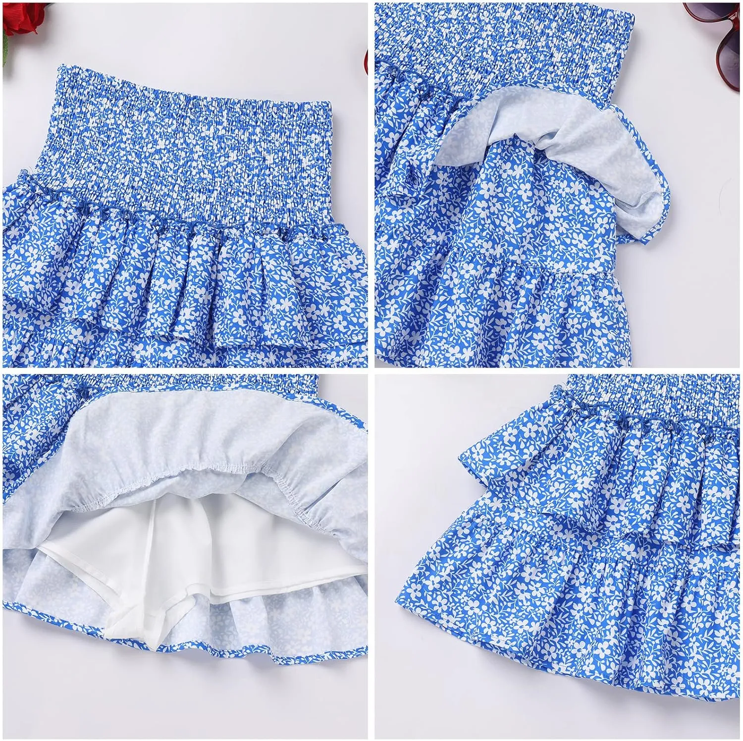 IDOPIP Women Boho Mini Skirt Summer High Waist Floral Layered Skirt Casual Ruffle Smocked Skirt Club Party Evening Skirt