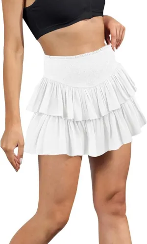 IDOPIP Women Boho Mini Skirt Summer High Waist Floral Layered Skirt Casual Ruffle Smocked Skirt Club Party Evening Skirt
