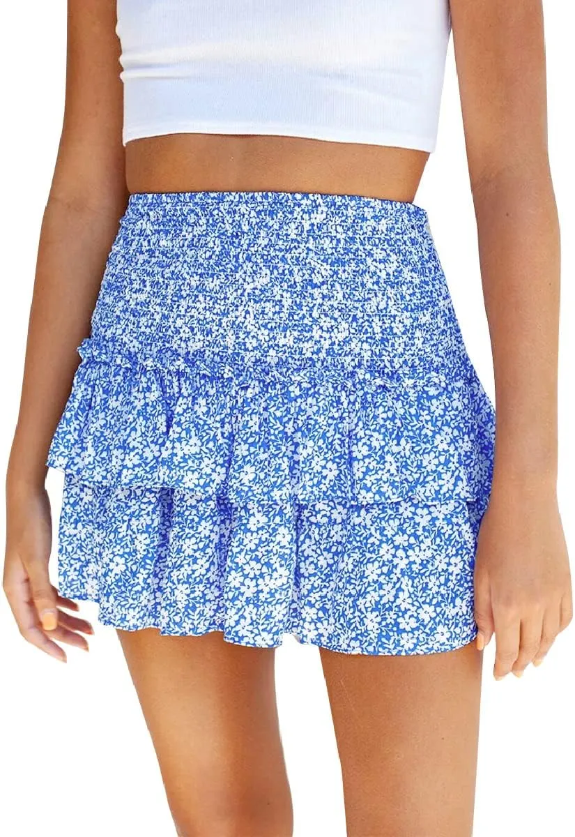 IDOPIP Women Boho Mini Skirt Summer High Waist Floral Layered Skirt Casual Ruffle Smocked Skirt Club Party Evening Skirt