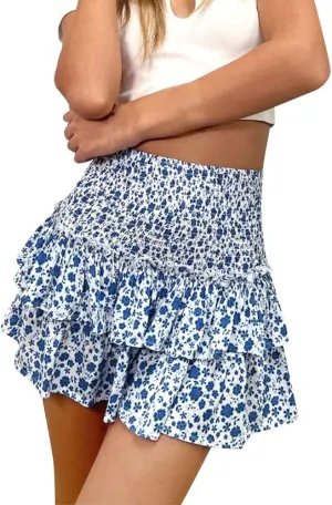 IDOPIP Women Boho Mini Skirt Summer High Waist Floral Layered Skirt Casual Ruffle Smocked Skirt Club Party Evening Skirt