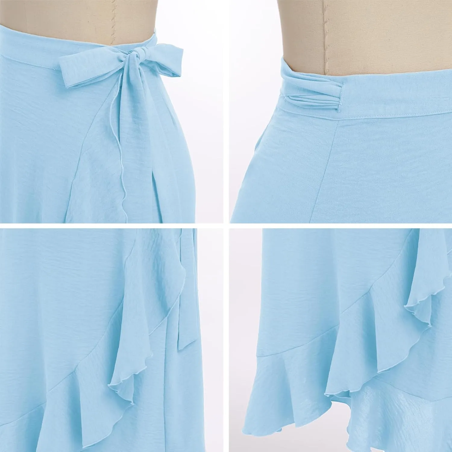 IDOPIP Women Irregular High-Low Hem Wrap Skirt Elegant High Waist Tie Side Midi Skirt Casual Summer Beach Ruffle A-line Skirt