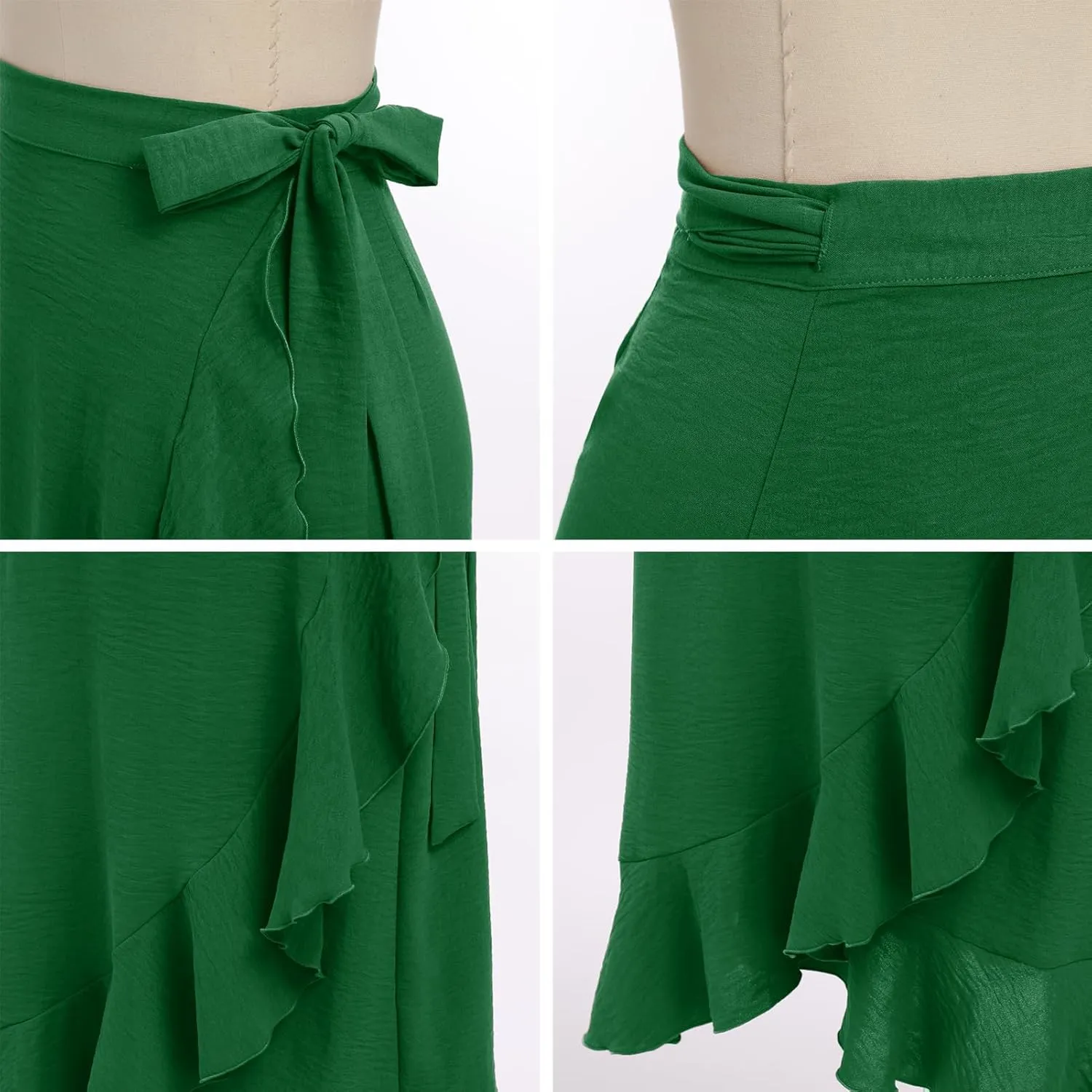 IDOPIP Women Irregular High-Low Hem Wrap Skirt Elegant High Waist Tie Side Midi Skirt Casual Summer Beach Ruffle A-line Skirt