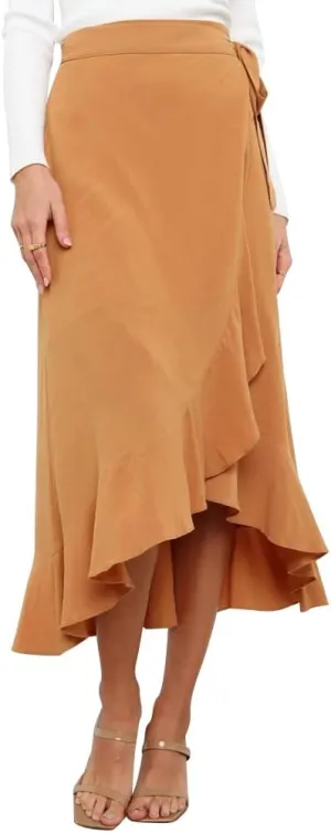 IDOPIP Women Irregular High-Low Hem Wrap Skirt Elegant High Waist Tie Side Midi Skirt Casual Summer Beach Ruffle A-line Skirt