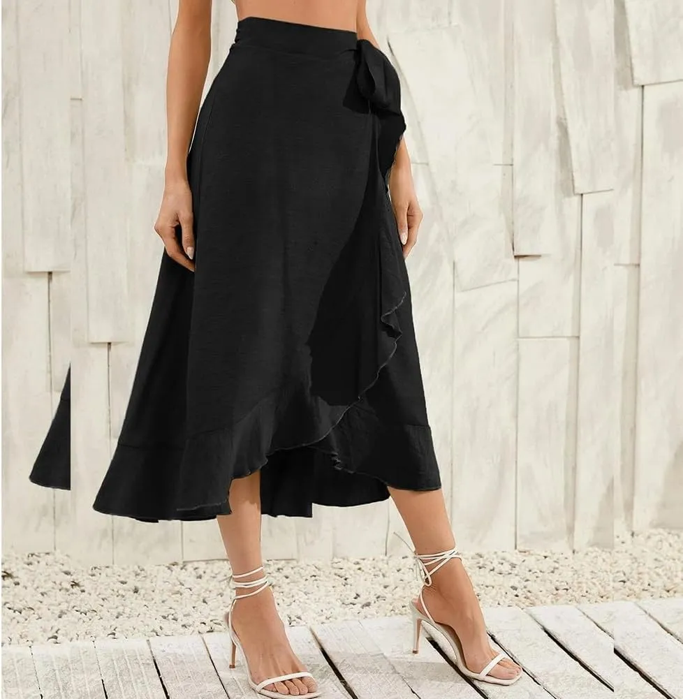 IDOPIP Women Irregular High-Low Hem Wrap Skirt Elegant High Waist Tie Side Midi Skirt Casual Summer Beach Ruffle A-line Skirt