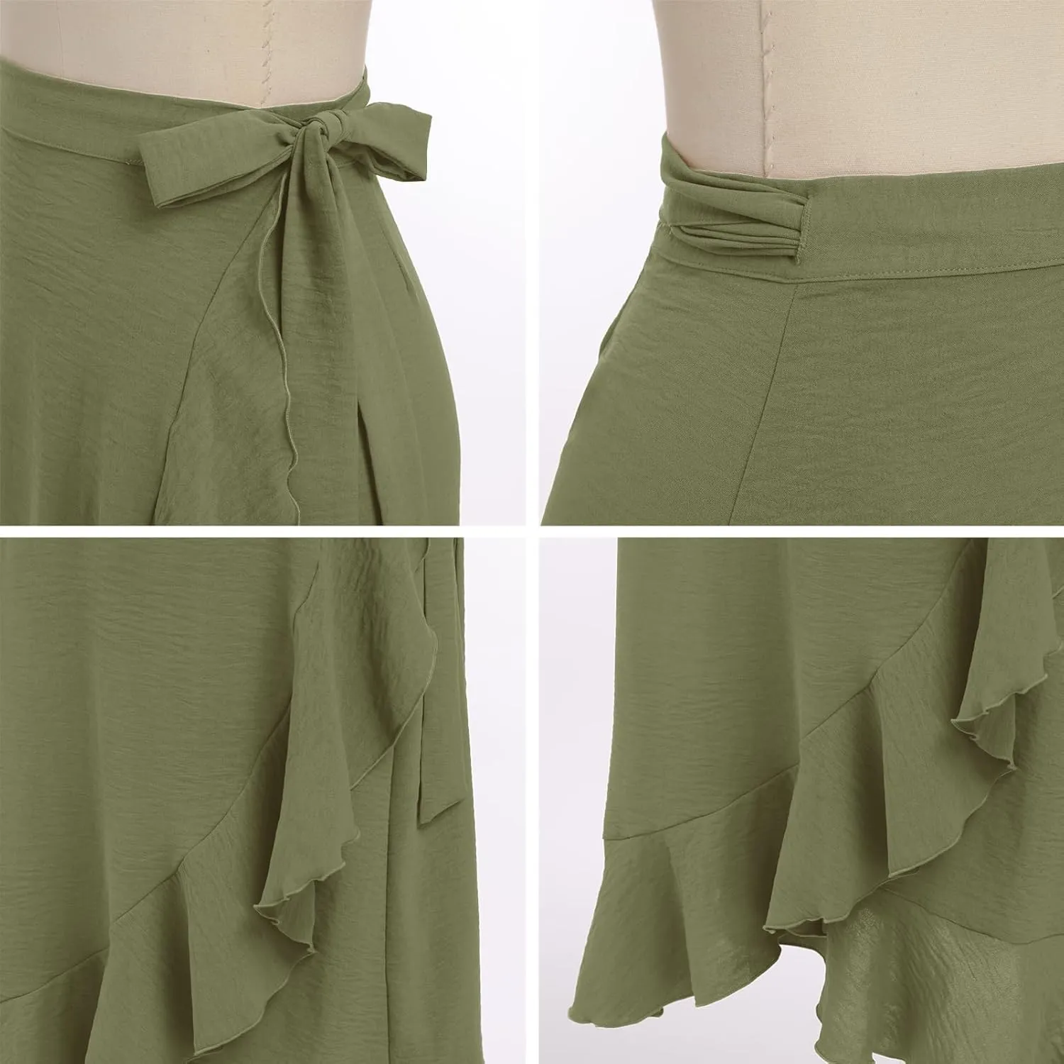 IDOPIP Women Irregular High-Low Hem Wrap Skirt Elegant High Waist Tie Side Midi Skirt Casual Summer Beach Ruffle A-line Skirt
