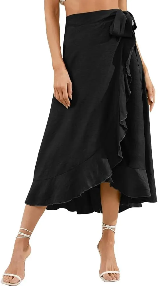 IDOPIP Women Irregular High-Low Hem Wrap Skirt Elegant High Waist Tie Side Midi Skirt Casual Summer Beach Ruffle A-line Skirt