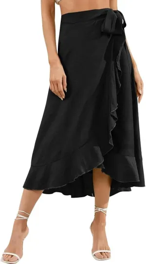 IDOPIP Women Irregular High-Low Hem Wrap Skirt Elegant High Waist Tie Side Midi Skirt Casual Summer Beach Ruffle A-line Skirt