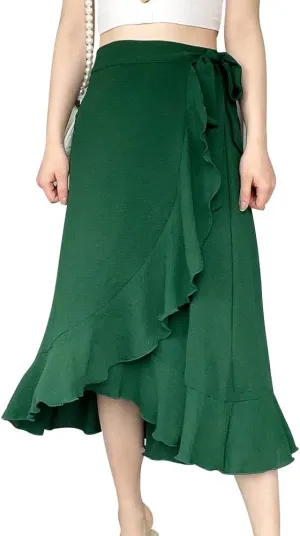 IDOPIP Women Irregular High-Low Hem Wrap Skirt Elegant High Waist Tie Side Midi Skirt Casual Summer Beach Ruffle A-line Skirt