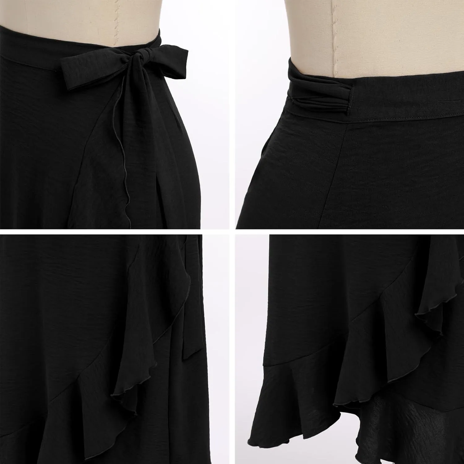 IDOPIP Women Irregular High-Low Hem Wrap Skirt Elegant High Waist Tie Side Midi Skirt Casual Summer Beach Ruffle A-line Skirt