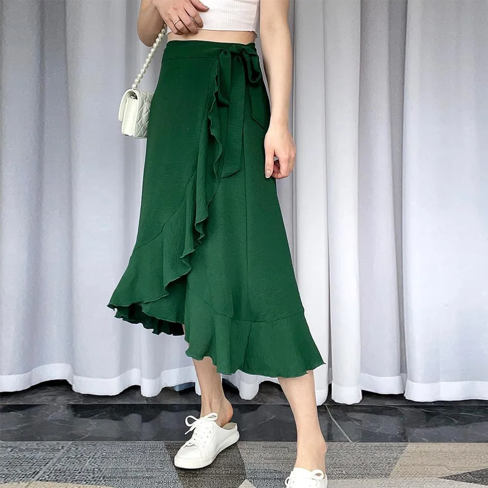 IDOPIP Women Irregular High-Low Hem Wrap Skirt Elegant High Waist Tie Side Midi Skirt Casual Summer Beach Ruffle A-line Skirt