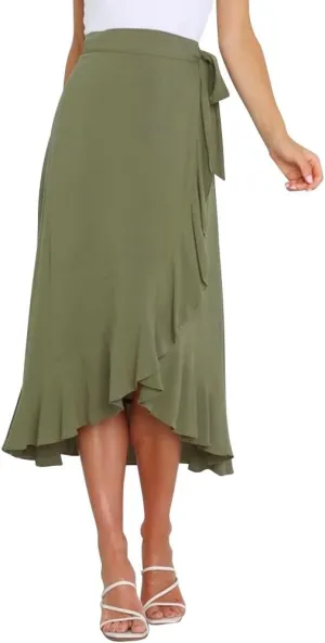 IDOPIP Women Irregular High-Low Hem Wrap Skirt Elegant High Waist Tie Side Midi Skirt Casual Summer Beach Ruffle A-line Skirt