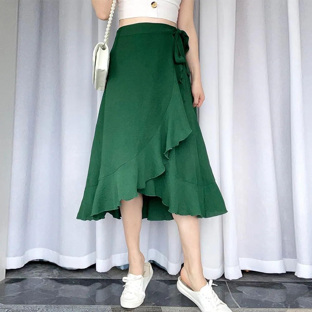 IDOPIP Women Irregular High-Low Hem Wrap Skirt Elegant High Waist Tie Side Midi Skirt Casual Summer Beach Ruffle A-line Skirt